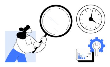 Elinde büyüteç tutan kadın, saati simgeleyen saat, dişli ikonlu analitik gösterge paneli. Üretkenlik, verimlilik, analiz, karar verme, takım çalışması stratejisi iş başarısı için idealdir. Basit.