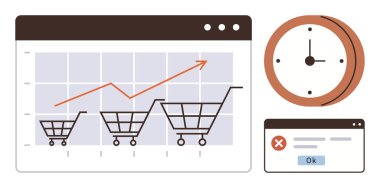 Alışveriş arabasının büyüme çizelgesi yukarı doğru ok, duvar saati zaman yönetimini gösteriyor ve hata uyarısı sorunları bildiriyor. İş analizi, e-ticaret, zaman izleme, dijital pazarlama, satış için ideal