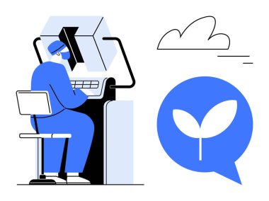 Gelişmiş ekipman üzerinde çalışan bilim adamı, sürdürülebilirliği temsil eden yaprak konuşma balonu. Teknoloji, bilim, yenilik, çevre dostu çözümler, yeşil araştırma, temiz enerji, basit