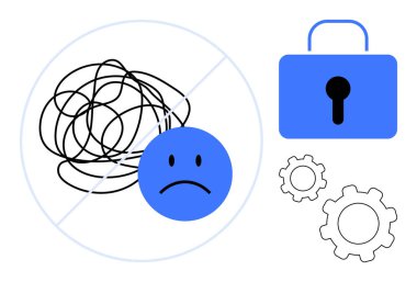 Karalamanın yanındaki üzgün yüz, mavi kilit sembolü, bağlantı ve çözüm için vitesler. Farkındalık, sorun çözme, hedef belirleme, duygusal sağlık, güvenlik, stres yönetimi için idealdir.