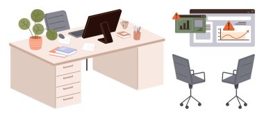 Bilgisayar, not defteri, kırtasiye malzemesi, saksı fabrikası, iki sandalye ve veri uyarıları içeren çevrimiçi analitik ekranlarla ofis masası kurulumu. İş yeri, çalışma alanı, verimlilik veri incelemesi için ideal