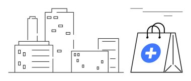 Mavi tıbbi haçlı bir alışveriş çantasının yanında en düşük şehir silüeti. Sağlık hizmetleri, kentsel erişim, tıbbi dağıtım, şehir planlama, kolaylık, modern çözümler, basit daire
