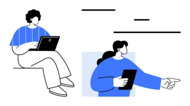 Oturan ve bir dizüstü bilgisayar üzerinde çalışan ve elinde tablet tutarken işaret eden biri. Takım çalışması, uzaktan çalışma, eğitim, beyin fırtınası, iletişim, dijital araçlar, basit iniş sayfası için ideal