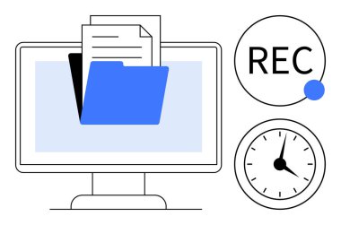 Bir kayıt göstergesi ve saatin yanında bir klasör ve doküman gösteren masaüstü monitörü. Dijital organizasyon, zaman izleme, üretkenlik, dosya yönetimi, kayıt, proje planlaması için ideal