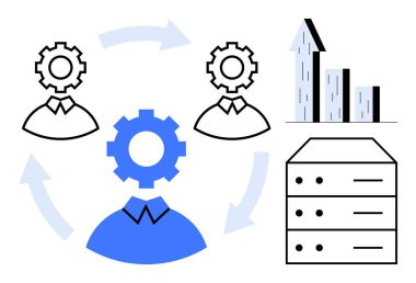 Kafaların yerine geçen dişliler takım çalışmasını, otomasyonu ve işlem akışını simgeler, veri için çubuk grafikleri ve sunucuları gösterir. Takım çalışması, strateji, ilerleme, verimlilik, otomasyon verileri için ideal