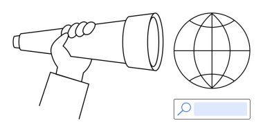 Elinizde keşfi simgeleyen bir teleskop, küresel perspektifi sembolize eden bir küre ve araştırma için bir arama çubuğu var. Keşif için ideal, vizyon, yenilik, küresel ulaşım, öğrenme, strateji basit