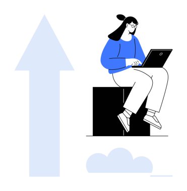 Dizüstü bilgisayar kullanan, küpün üzerinde oturan sıradan giysili bir kadın. Yükselen büyük ok ve bulutlar büyüme, ilerleme, yenilik, uzak çalışma, teknoloji, hedef başarı ve eğitimi işaret ediyor. İdeal