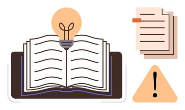 Öğrenmeyi, fikirleri, kağıt yığınını ve uyarı üçgenini sembolize eden parlak ampullü açık bir kitap. Eğitim, yaratıcılık, bilgi, uyarı, araştırma organizasyonu problem çözme için idealdir. A