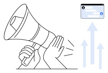 Hoparlörden el ile tutulan mesaj, yukarı doğru büyümeyi sembolize eden oklar, iletişim için diyalog kutusu. Pazarlama, sosyal medya, takım çalışması, promosyon, mesajlaşma, liderlik için ideal basit