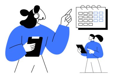 İşbirliği yapan, takvimden bahseden, programları yöneten ve görev planlama için tablet kullanan insanlar. Organizasyon, takım çalışması, verimlilik, zamanlama, iş akışı için ideal basit