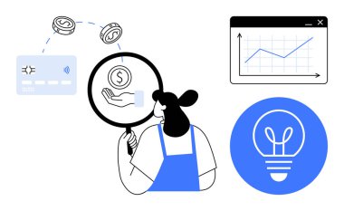 Finansal eğilimleri inceleyen bir kadın. Elementler arasında madeni paraların olduğu bir büyüteç, bir ödeme kartı, bir ilerleme çizelgesi ve parlayan bir fikir ampulü yer alıyor. Finans, iş stratejisi ve yenilik için ideal