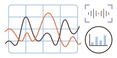Değişken çizgileri, bar çizelgesi, ses dalgası ve ızgara arkaplanı olan çizgi grafiği. Veri analizi, istatistik, raporlama, analitik, trend sunumları için ideal basit düz metafor araştırmaları