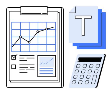 Veri takibi, analiz ve bütçe planlamasını vurgulayan grafik, belge ve hesap makineli pano. Finans, muhasebe, proje yönetimi, araştırma ve basit iniş sayfası için ideal