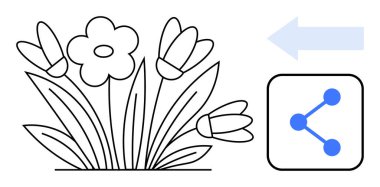 Bir okun yanında lale ve papatya olan çiçek kümesi ve ikon paylaşımı. Büyüme, doğa, paylaşım, bağlantı, eko-teknoloji, iletişim ve basit iniş sayfası için ideal