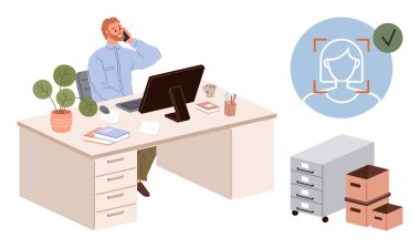 Masada monitör ve dosyalarla konuşan bir adam saksı, depolama dolapları, yüz tanıma ikonu. Teknoloji, kimlik, üretkenlik, iş hayatı, güvenlik iletişimi için ideal