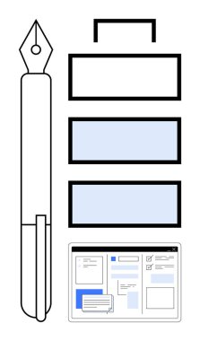 Metin kutularının yanında dolmakalem ve açık belge düzenleyicisiyle dijital arayüz. Yaratıcılık, tasarım, içerik oluşturma, yazma, örgütlenme, üretkenlik ve uzak çalışma için idealdir. Basit düz