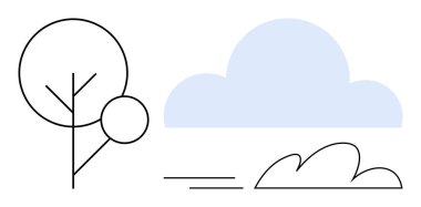 Soyut ağaç çizgisi, yumuşak mavi bulut ve minimum yer çizgileri. Doğa, basitlik, denge, dinginlik, çevre ekolojik kavramlar ve farkındalık için idealdir. Basit düz metafor
