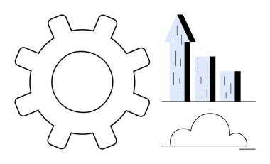 Yukarı doğru giden bir çubuk grafiğin ve bulutun yanında büyük bir vites. Üretkenlik, verimlilik, büyüme, yenilik, veri teknolojisi, bulut hesaplama, basit iniş sayfası için ideal