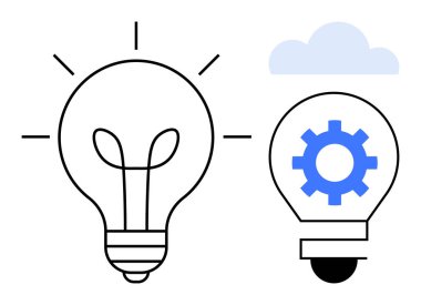 İki ampul, bir parlayan ve içinde mavi dişli, yaratıcılığı, yeniliği ve teknolojiyi sembolize eden. Takım çalışması, yenilik, dijital çözümler, problem çözme beyin fırtınası için ideal