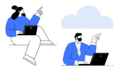 Dizüstü bilgisayarları olan iki kişi bulutu işaret ediyor, takım çalışmasını, bulut hesaplamasını ve yenilikleri temsil ediyorlar. Teknoloji, iletişim, işbirliği, uzak çalışma, dijital strateji için ideal