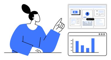 Sayısal ekranlara bakan kadın grafikler, grafikler ve arayüz elementlerini gösteriyor. Veri analizi, takım çalışması, iş planlaması, sunum, pazarlama, UIUX tasarımı profesyonel büyüme için ideal