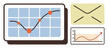 Yükselen çizgi grafiği olan tablet ekran, yukarı doğru eğilim oklu küçük bar grafiği ve zarf simgesi. Ticari büyüme, iletişim, analitik, pazarlama, üretkenlik ve e-posta kampanyaları için ideal
