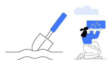 Toprağa yerleştirilmiş küreğin yanında kod arayüzü tutan kadın. Teknolojik yenilik, tarım, takım çalışması, programlama, büyüme, dijital dönüşüm ve basit bir iniş sayfası için ideal