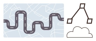Eğri yol bir harita boyunca uzanır, bulut ve bağlı ağ düğümleriyle eşleşir. Navigasyon, bağlantı, planlama, yolculuk, lojistik ve veri yönü için ideal. Basit düz metafor