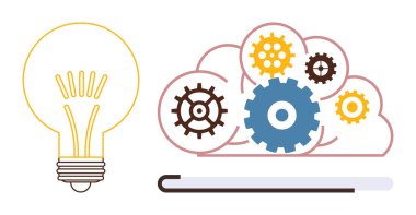 Bulut anahatlarındaki ampul ve birbirine bağlı vitesler yeniliği, takım çalışmasını ve sistem optimizasyonunu sembolize ediyor. Teknoloji, yaratıcılık, problem çözme, takım çalışması, bulut hesaplama için ideal