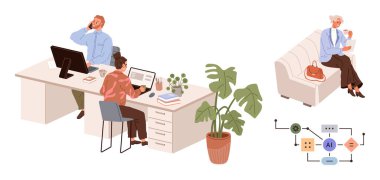 Ofis ekibi ortak masadaki görevlere odaklanıyor. Yaşlı bir kadın kanepenin üzerinde bebek tutuyor. Yakınlardaki saksı bitkisi, köşede yapay zeka çalışma şeması. Takım çalışması için ideal, çoklu görev, aile dengesi, yapay zeka