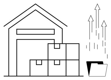 Depo ve istiflenmiş kutular yukarı bakan okların olduğu bir klasör fiziksel ve dijital depolamayı, lojistiği, envanter yönetimini ve veri transferini sembolize eder. Tedarik zinciri ve teknoloji güncellemesi için ideal