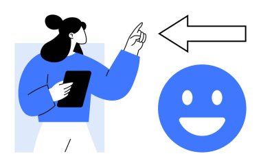 Tablet tutan kadın mavi mutlu yüzün yanındaki oku işaret ediyor, rehberliği, yönü, pozitifliği veya kullanıcı dostu tasarımı sembolize ediyor. Rehberlik, dijital araçlar, arayüz, navigasyon eğitimi için ideal