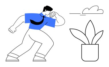 Mavi gömlekli ve kravatlı bir iş adamı saksı bitkisinin yanında kendine güvenen bir poz veriyor. Liderlik, büyüme, başarı, iş stratejisi, karar verme, motivasyon, kişisel gelişim için ideal. Temiz daire