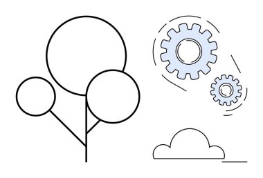 Üç dairesi ve birbirine kenetlenmiş iki vitesi olan soyut ağaç bir bulutun yanında hareket ediyor. Yenilik, sürdürülebilirlik, eko-teknoloji, ilerleme, takım çalışması, denge ve büyüme için ideal. Basit düz metafor