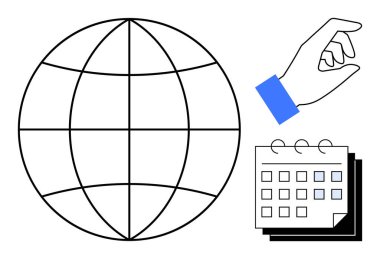 Dünya çapında dürbünü temsil eden bir küre, planlama yapan bir el ve programlamayı gösteren bir takvim. Küresel organizasyon, planlama, yönetim, zamanlama, iş stratejileri için ideal