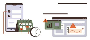 Kontrol listesi, takvimi, saati ve alarm simgeleri olan akıllı telefon. Grafikleri ve hata iletilerini gösteren gösterge paneli. Zaman yönetimi, üretkenlik, zamanlama, analitik bilgilendirme projesi için ideal