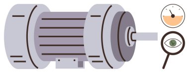 Sayaç göstergesine sahip elektrikli motor verimlilik seviyelerini gösteriyor ve cam büyütme denetlemesini vurguluyor. Mühendislik, bakım, enerji verimliliği, tanı, teknoloji, işletim için ideal
