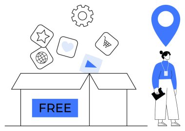 FREE etiketli açık kutu, çeşitli simgeler yukarı doğru yükselen yıldız, küre, el arabası ve kalp, elinde eşyalar tutan kadın. E-ticaret, dijital hizmetler, erişilebilirlik yenilik keşfi için ideal