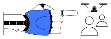 Mavi eldivenli robot kol, iki insan ikonunu hedef alan insansız hava aracı kamerasını gösteriyor. Yapay zeka, robot bilimi, teknoloji, izleme, otomasyon, karar verme, insan-makine etkileşimi için ideal