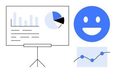 Çubuk grafik, pasta grafiği, gülen yüz simgesi ve çizgi çizelgesi. Analiz için ideal, pozitif geribildirim, büyüme, veri incelemesi, iş planlama basit iniş sayfası