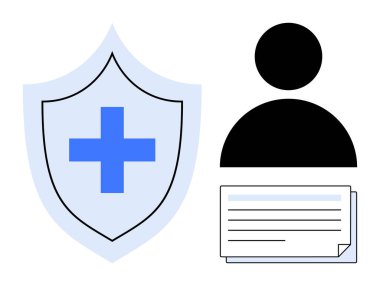 Haç sembollü kalkan, insan silueti ve sağlık sigortası, güvenlik ve kimliği temsil eden belge. Sağlık, veri koruması, güvenlik, kimlik doğrulama sigortası için ideal