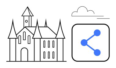Ortaçağ şatosunun ana hatları, yanında bir paylaşım ikonu ve üzerinde basit bir bulut var. Teknoloji, toplum, miras, kültür mirası, çevrimiçi ilişki, tarih kavramları, basit