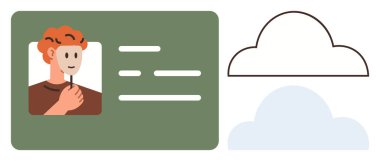 Fotoğraflı kullanıcı kimliği, yeşil arkaplan detayları, kişisel veri depolama ve erişimi sembolize eden bulut simgeleri. Kimlik, güvenlik, teknoloji, veri, uygulamalar, gizlilik bağlantısı için ideal