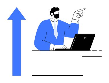 Mavi takım elbiseli ve kravatlı bir adam dizüstü bilgisayarda çalışıyor, yukarı doğru mavi okun yanına bakıyor. Kavramların gelişimi, başarısı, yönü, ilerlemesi, liderliği, motivasyon vizyonunu etkilemesi için idealdir. Basit düz metafor