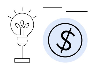 Ampulün yaydığı ışınlar finansal kazanç için mavi dairede dolar işaretinin yanında yeniliği de simgeler. İş stratejisi, yenilik, finans, yaratıcılık, girişimcilik, ekonomi için ideal