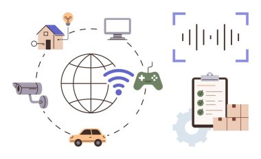 Bağlı dünya, akıllı ev, güvenlik kamerası, oyun kumandası, pano, kutular, araba, ses dalgaları. IoT teknolojisi otomasyon bağlantı veri yönetimi için idealdir.