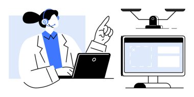 Kulaklık takan, dizüstü bilgisayar kullanan, denge dengesi ve ekrana bakan, verimliliği, karar verme mekanizmasını ve takım çalışmasını sembolize eden bir destek ajanı. Müşteri desteği ve teknoloji için ideal