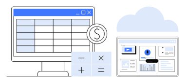 Hesap tablosu, para birimi sembolü, hesap makinesi simgeleri, bulut ve gösterge paneli olan masaüstü ekranı. Finans, analitik, bütçe hesaplama, bulut hesaplama dijital araçları için idealdir basit düz veri yönetimi