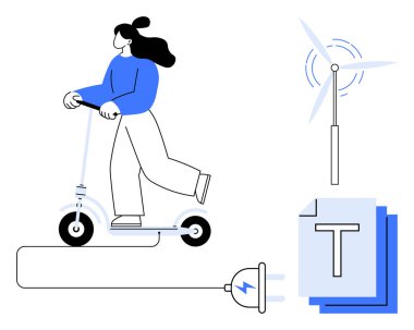 Kadın elektrik kaynağına bağlı elektrikli scooter, enerji üreten rüzgar türbini ve dijital belgeler kullanıyor. Sürdürülebilirlik, eko-güç, temiz enerji, yeşil ulaşım, yenilenebilir enerji için ideal
