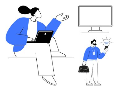 Dizüstü bilgisayardaki kadınla ortak çalışma metaforu, elinde ampul olan ayakta duran adam, ve monitör. Takım çalışması, yaratıcılık, beyin fırtınası, iş stratejisi, yenilik, uzaktan kumandalı düz çalışma için ideal